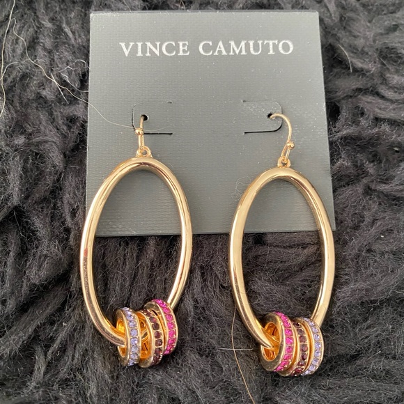 VINCE CAMUTO Gold Tone Drop Ring With Rainbow Hook Dangle Earrings NWT - Picture 2 of 8